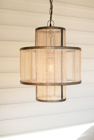 Round Double Layered Woven Fiber and Metal Pendant Light